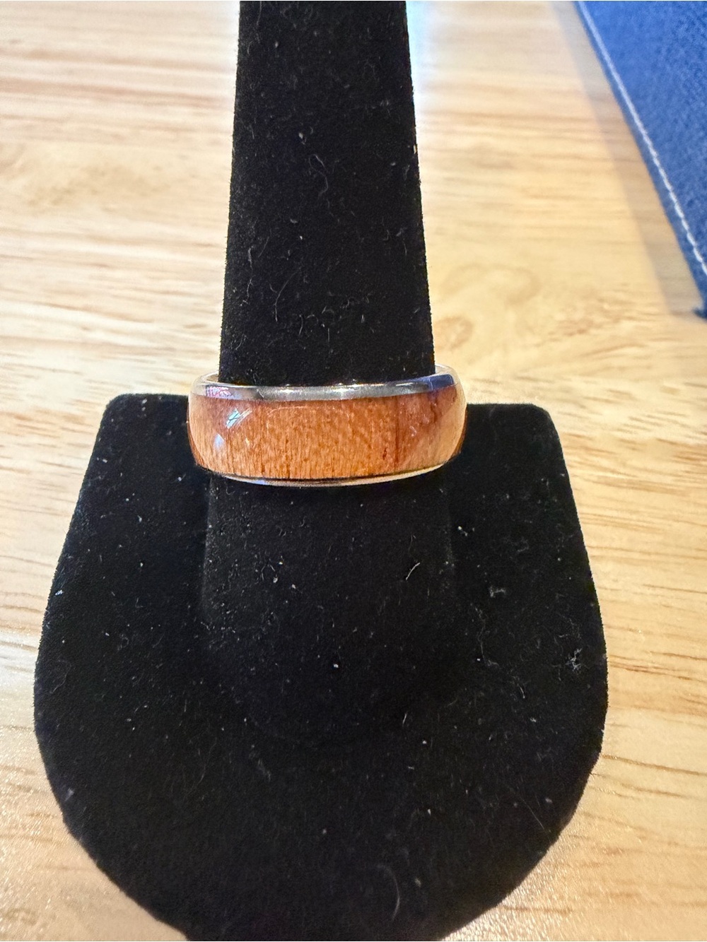 Wood Inlay Dome Ring - Warm Brown Wood made of Tungsten Carbide.